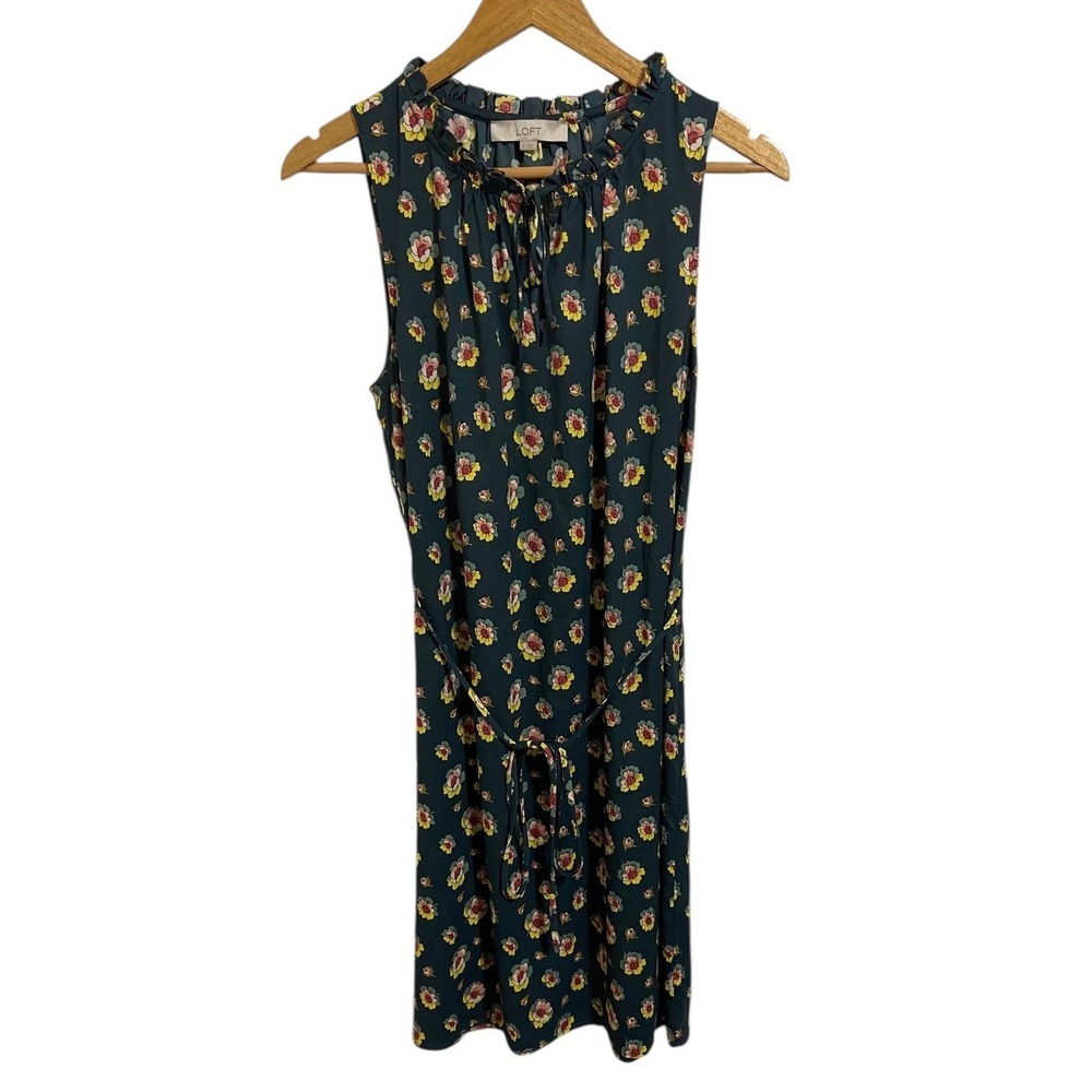 LOFT Petite Floral Print Sleeveless Ruffle Neck Tie Waist Dress Romantic Size M - Picture 2 of 10